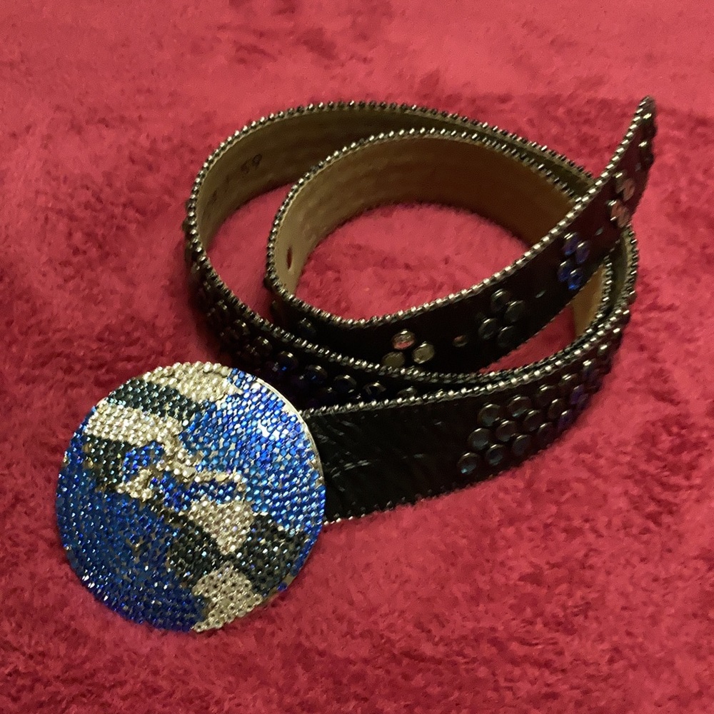 b.b simon fully loaded world buckle belt with swarski crystals